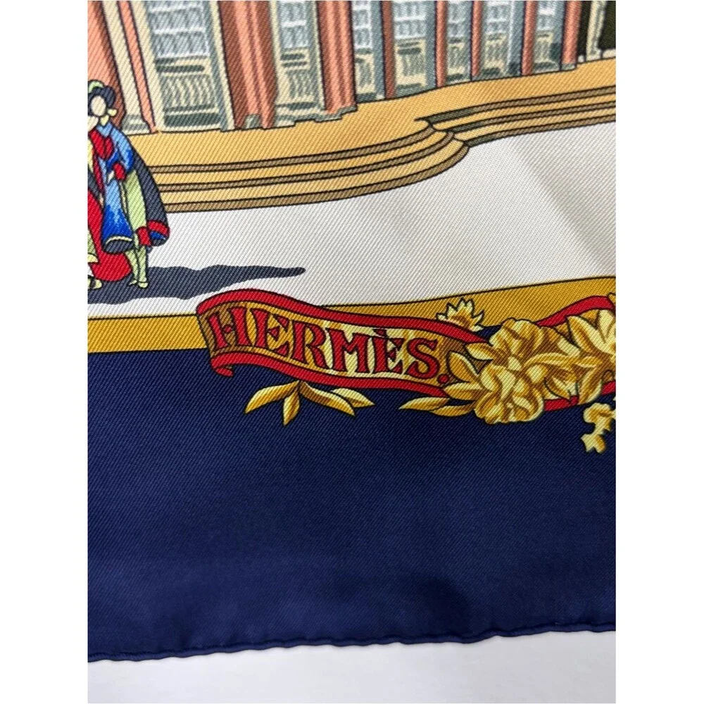 Vintage Herme’s Silk Scarf Palace Scene in Navy, Gold, Cream 34x34